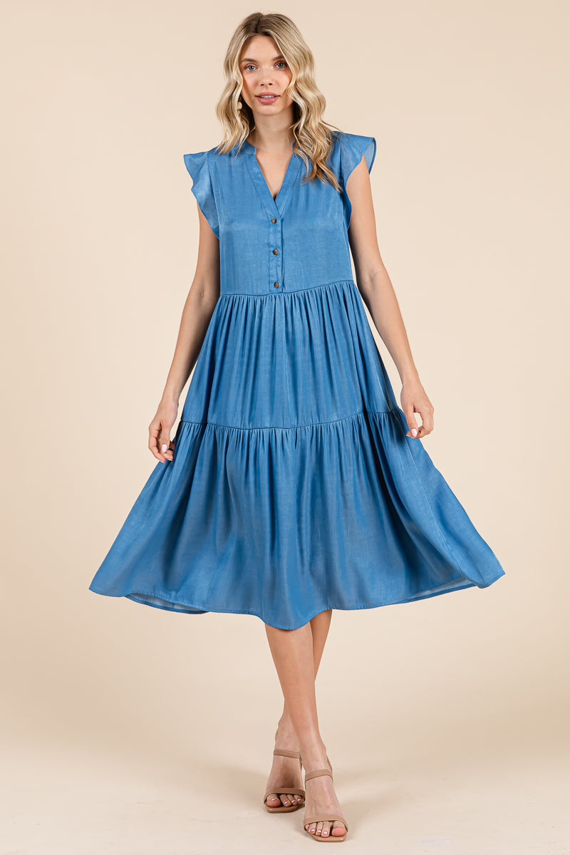 Tiered Flutter Sleeve Chambray Midi Dress
