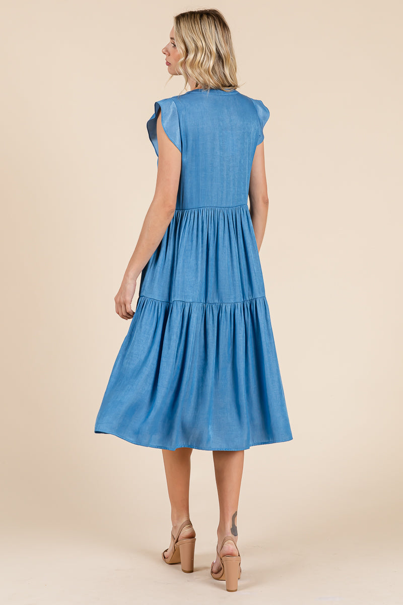 Tiered Flutter Sleeve Chambray Midi Dress
