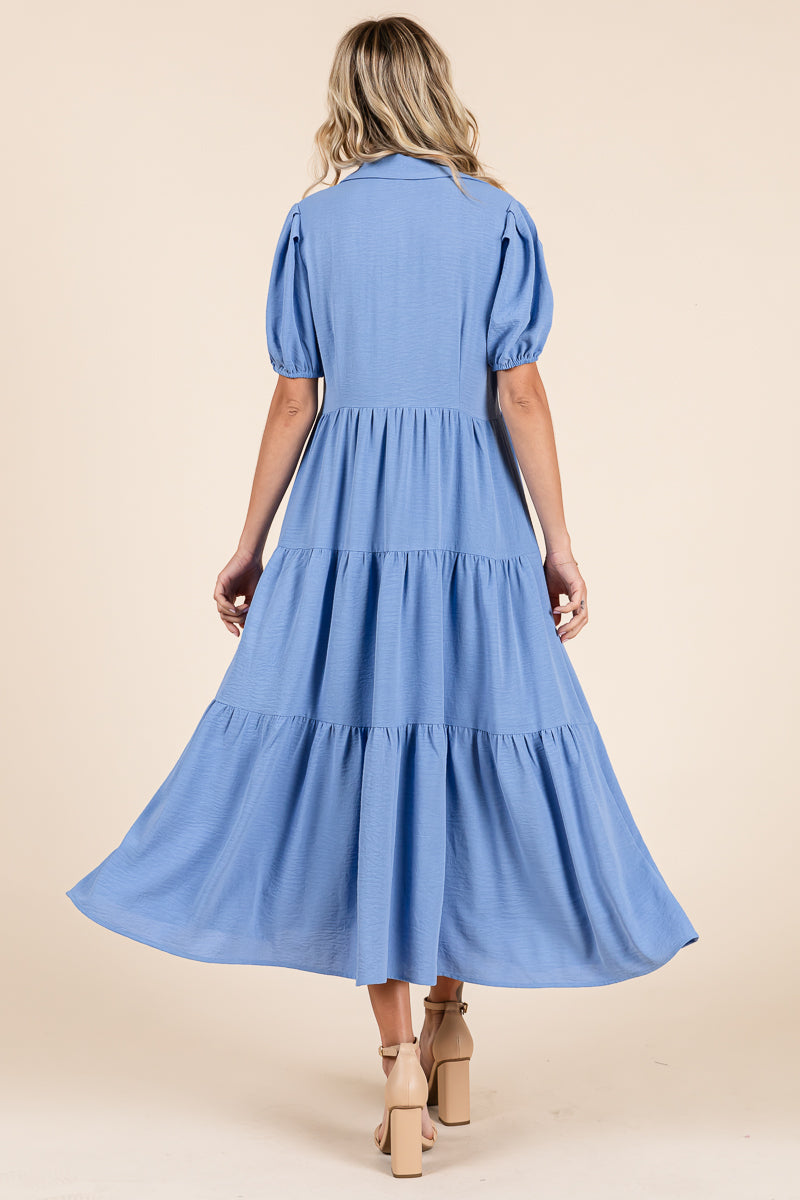 Tiered Button Down Puff Sleeve Midi Dress