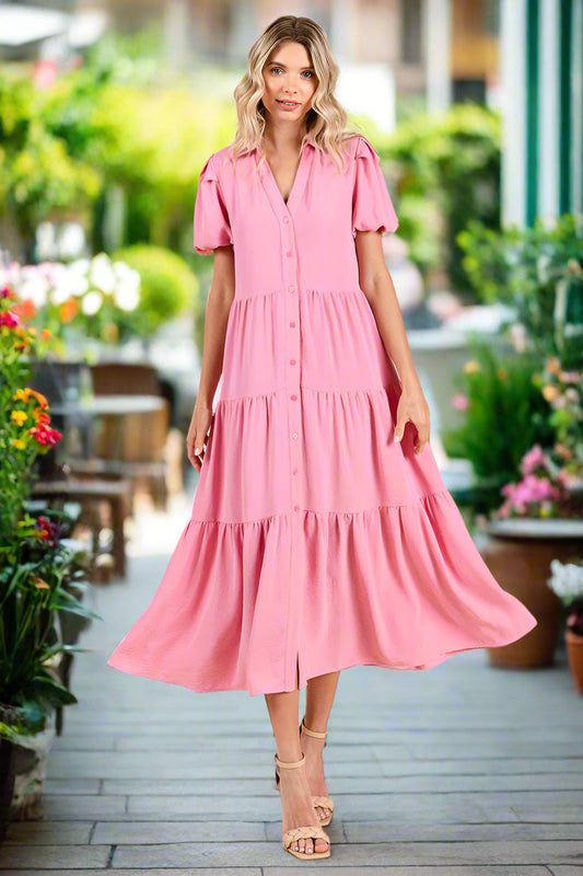 Tiered Button Down Puff Sleeve Midi Dress
