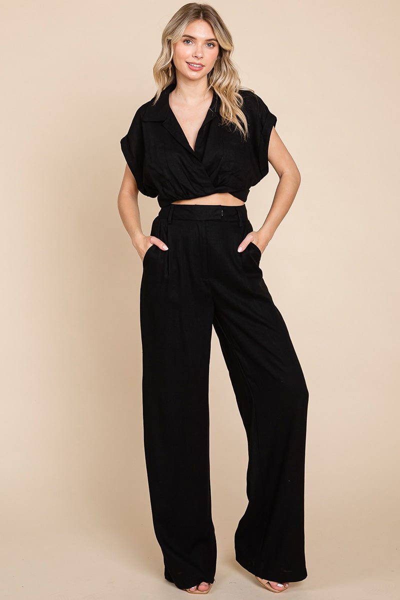 Hide Waist Wide Leg Pants and Crop Top Linen Sets/Open Pack