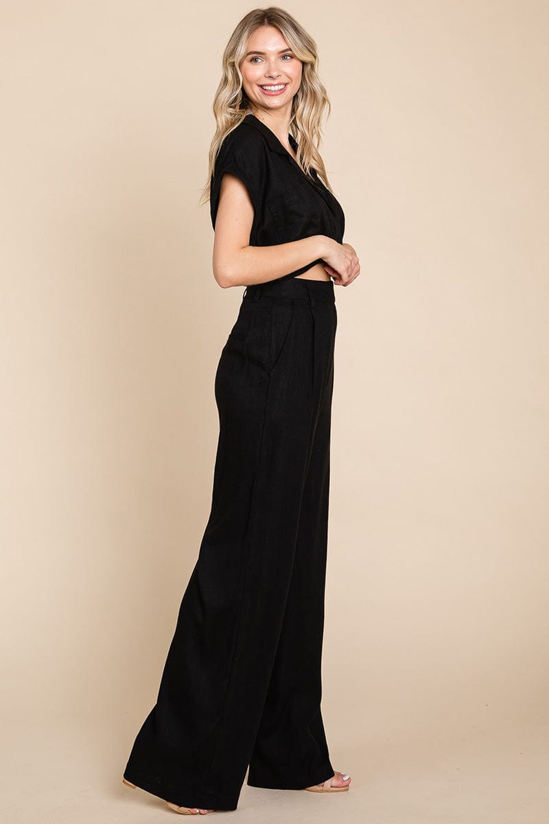 Hide Waist Wide Leg Pants and Crop Top Linen Sets/Open Pack