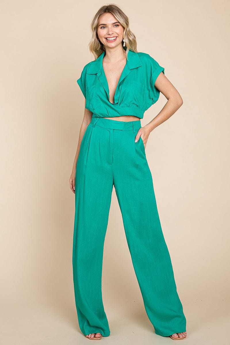 Hide Waist Wide Leg Pants and Crop Top Linen Sets/Open Pack