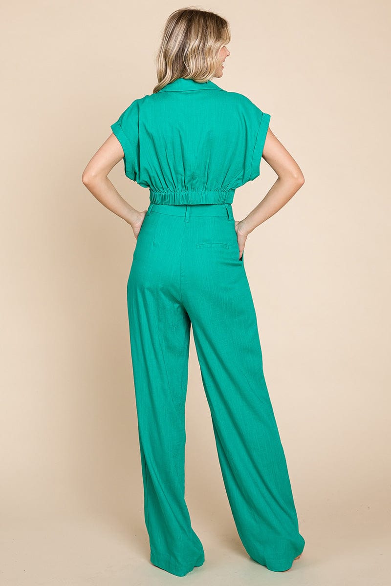 Hide Waist Wide Leg Pants and Crop Top Linen Sets/Open Pack