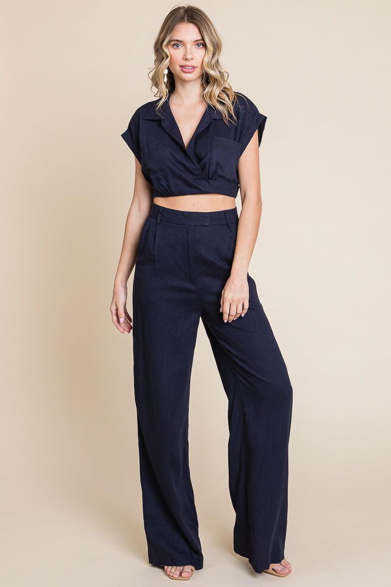 Hide Waist Wide Leg Pants and Crop Top Linen Sets/Open Pack