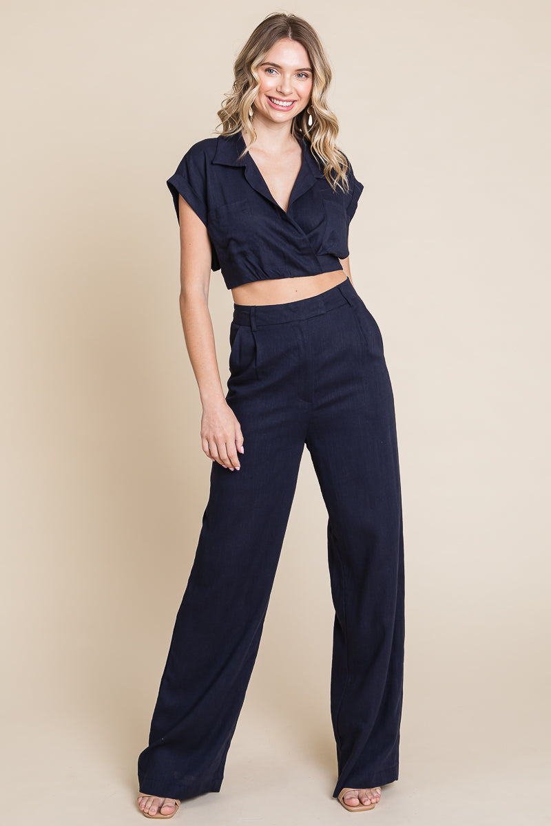 Hide Waist Wide Leg Pants and Crop Top Linen Sets/Open Pack