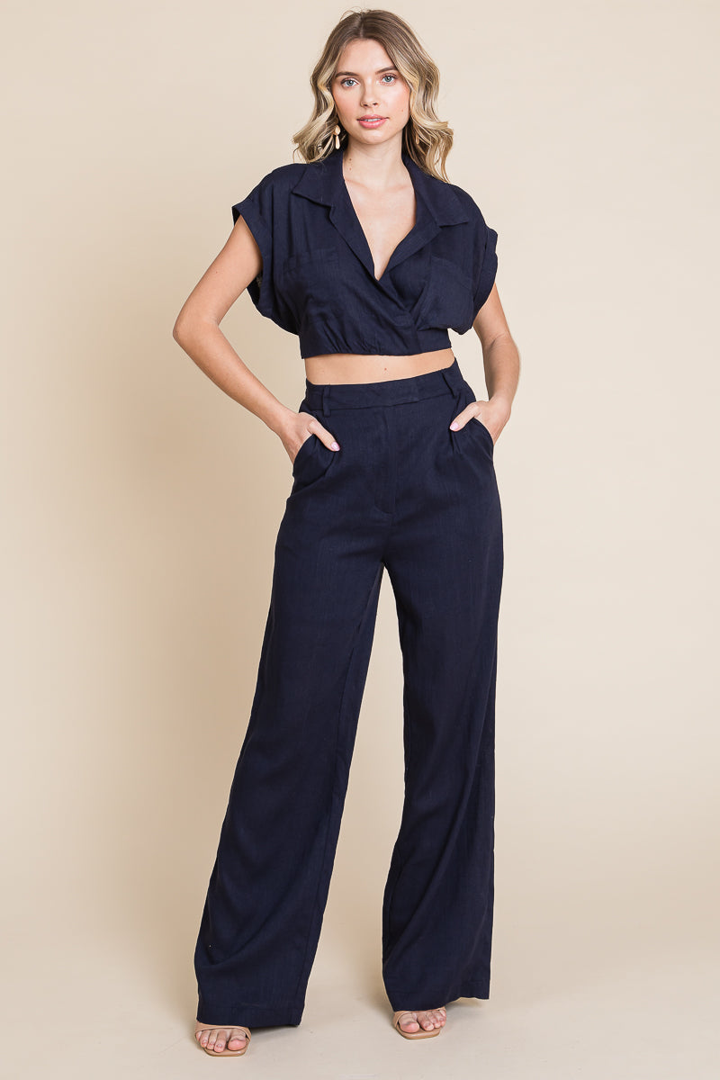 Hide Waist Wide Leg Pants and Crop Top Linen Sets/Open Pack