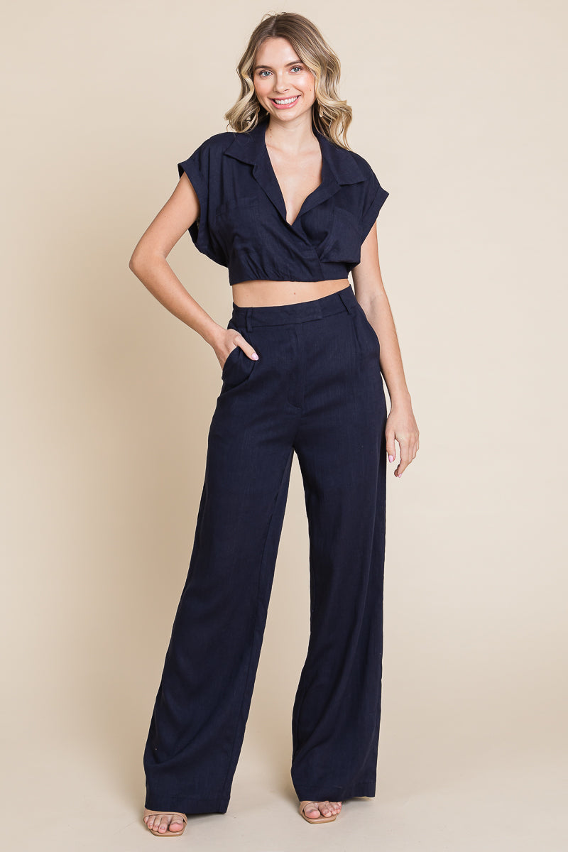 Hide Waist Wide Leg Pants and Crop Top Linen Sets/Open Pack