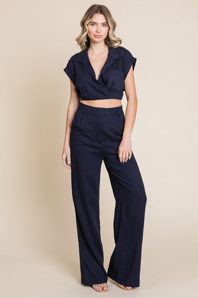 Hide Waist Wide Leg Pants and Crop Top Linen Sets/Open Pack