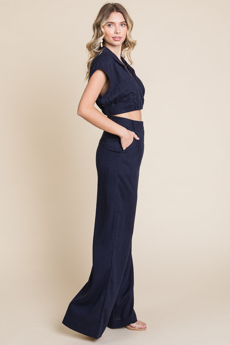 Hide Waist Wide Leg Pants and Crop Top Linen Sets/Open Pack