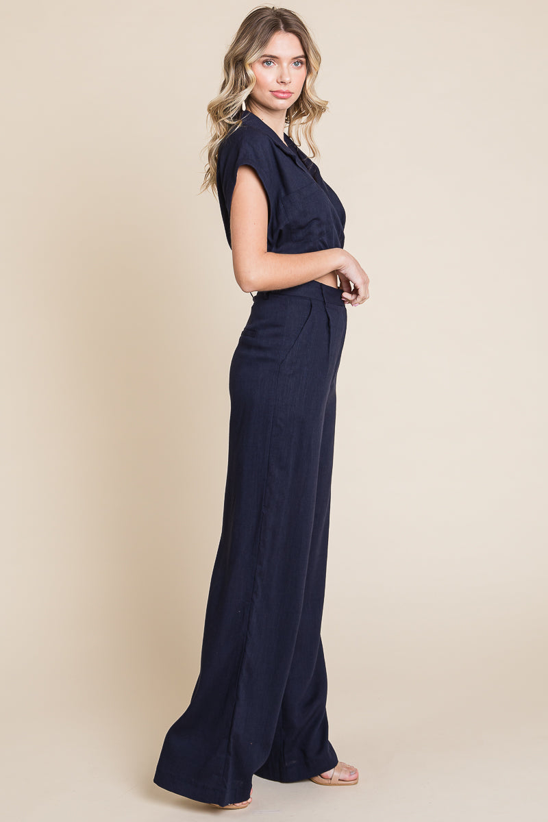 Hide Waist Wide Leg Pants and Crop Top Linen Sets/Open Pack
