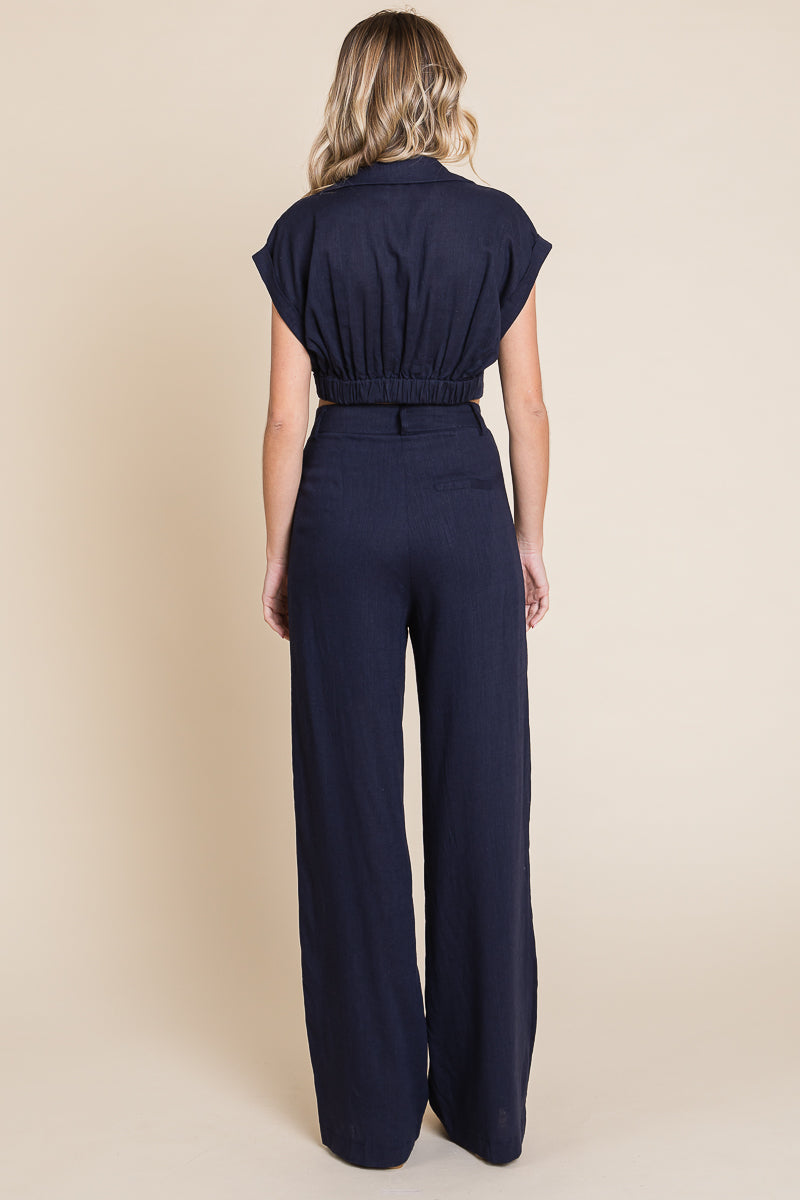 Hide Waist Wide Leg Pants and Crop Top Linen Sets/Open Pack