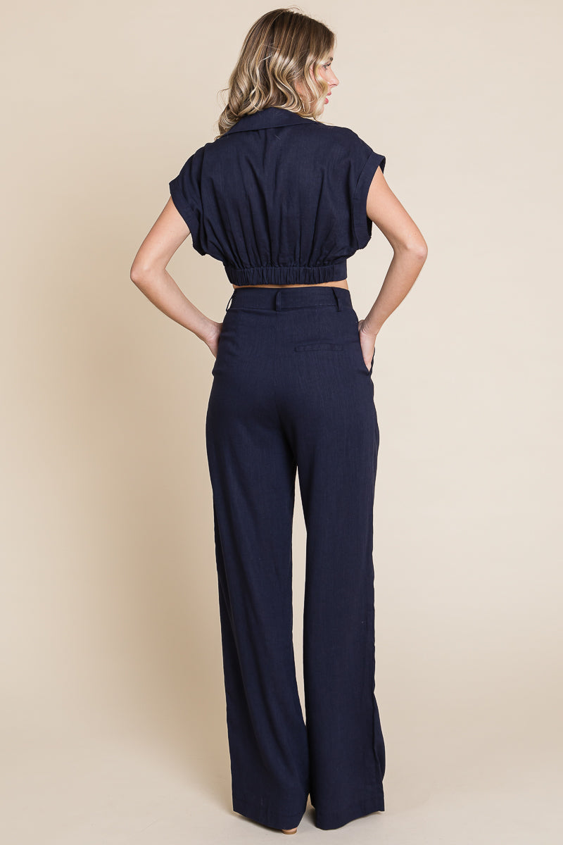 Hide Waist Wide Leg Pants and Crop Top Linen Sets/Open Pack
