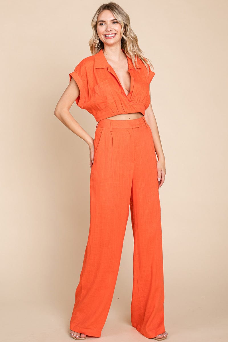 Hide Waist Wide Leg Pants and Crop Top Linen Sets/Open Pack