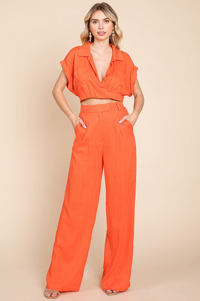 Hide Waist Wide Leg Pants and Crop Top Linen Sets/Open Pack