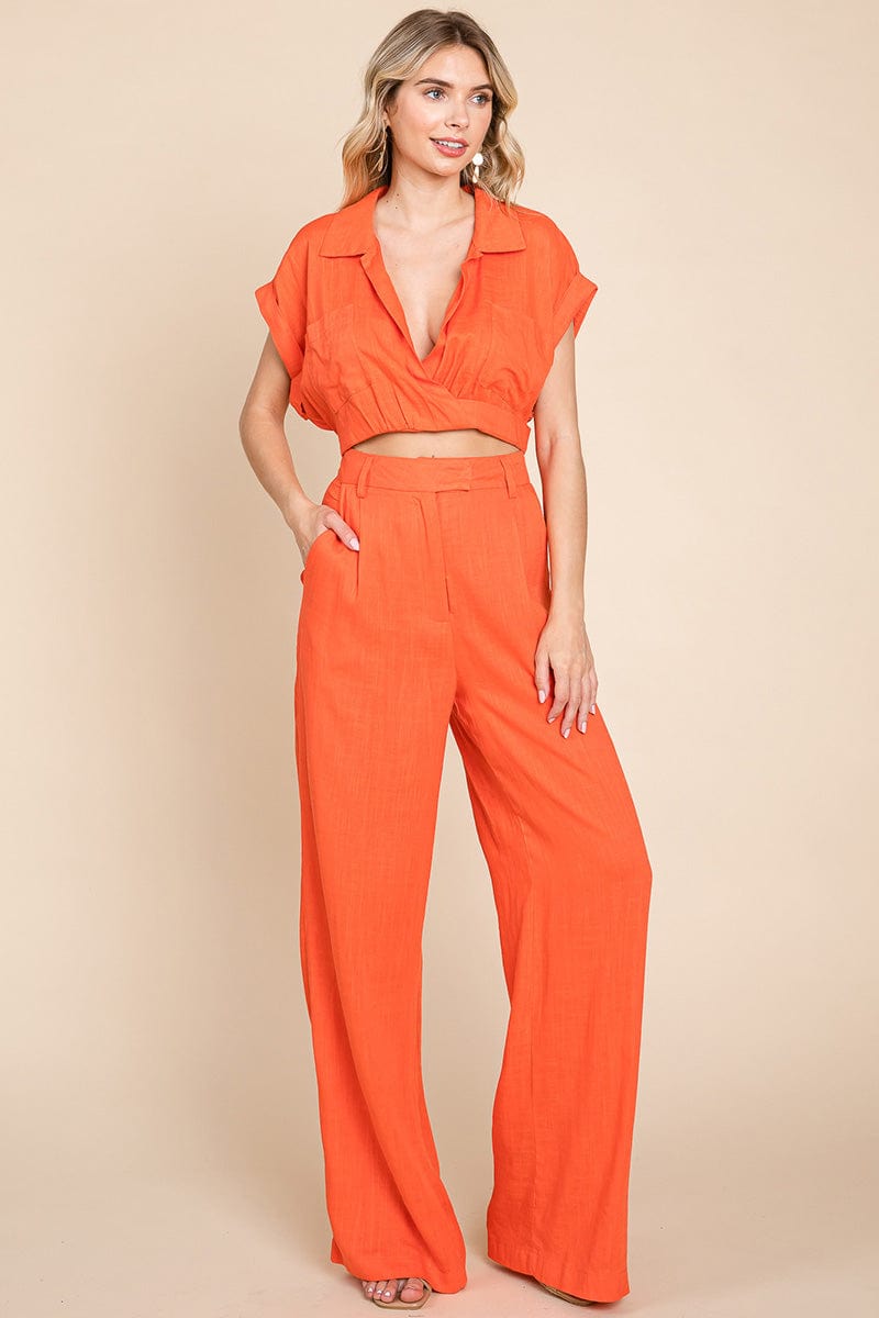 Hide Waist Wide Leg Pants and Crop Top Linen Sets/Open Pack