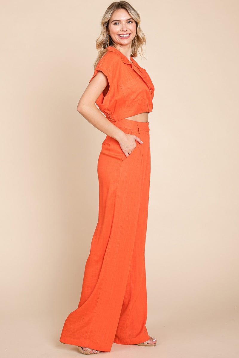Hide Waist Wide Leg Pants and Crop Top Linen Sets/Open Pack