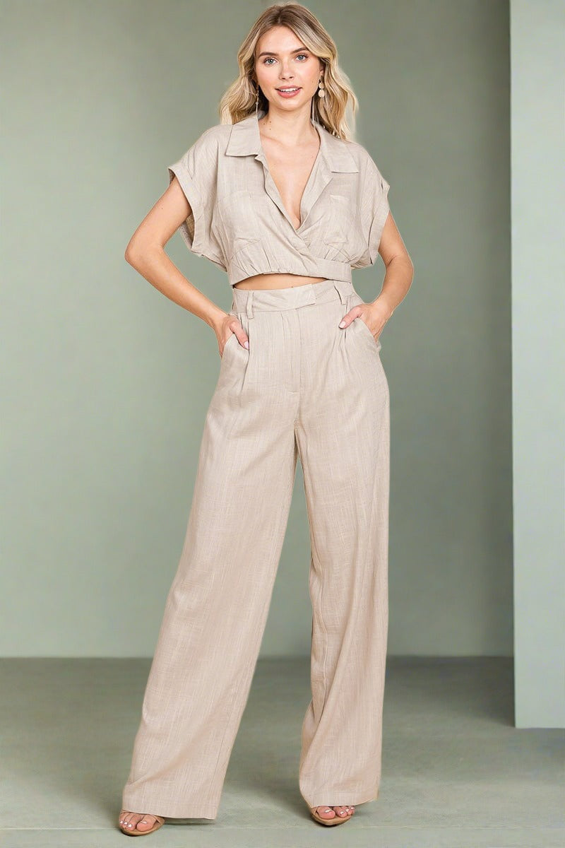 Hide Waist Wide Leg Pants and Crop Top Linen Sets/Open Pack