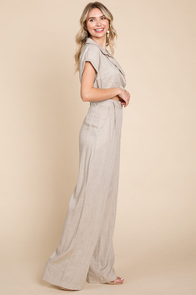 Hide Waist Wide Leg Pants and Crop Top Linen Sets/Open Pack