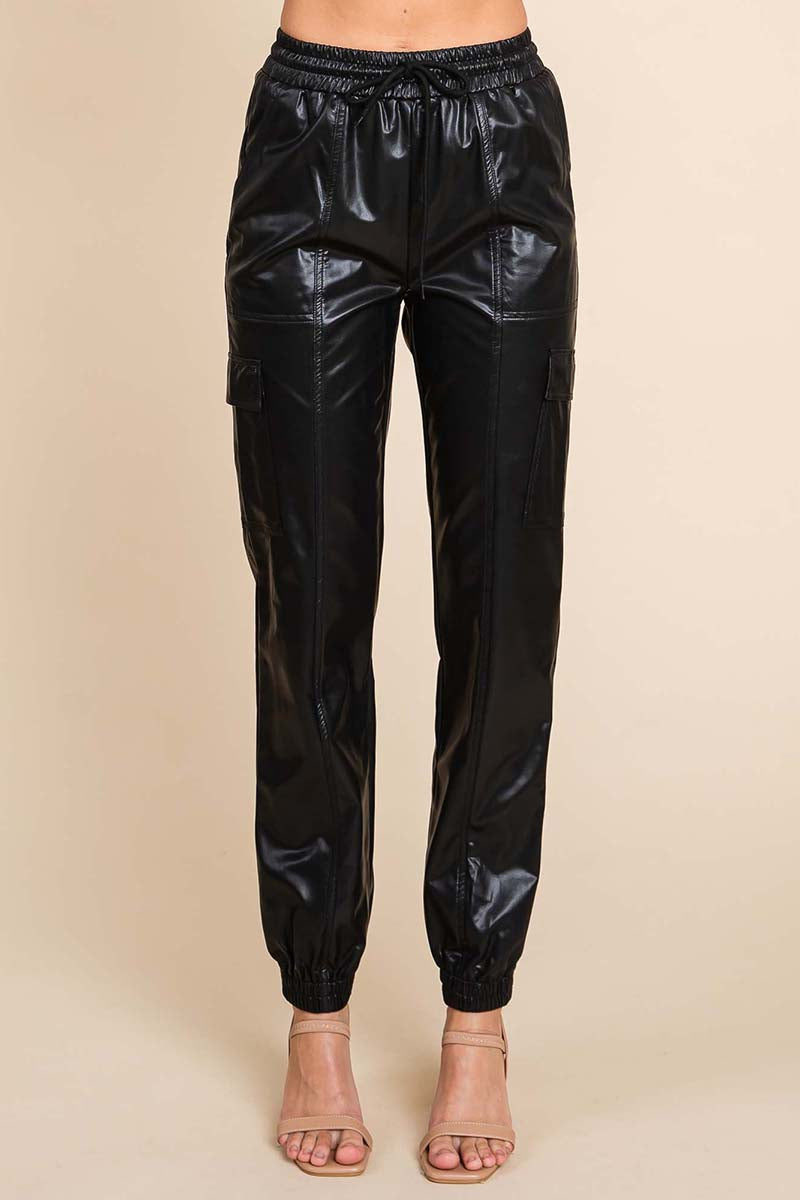 Faux Leather Drawstring Waist Pocketed Cargo Pants