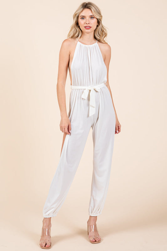 Halter Neck Shirred Belted Split Leg Jumpsuit