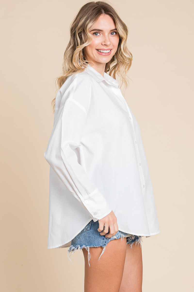 Oversized V neck Collared Long Sleeve Oxford Shirt