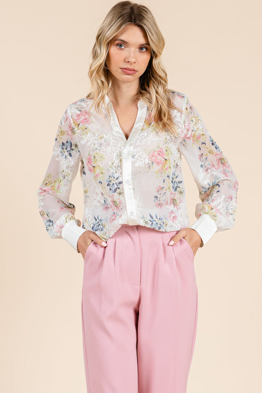 Sheer Floral Color Block Long Sleeve Blouse Tops