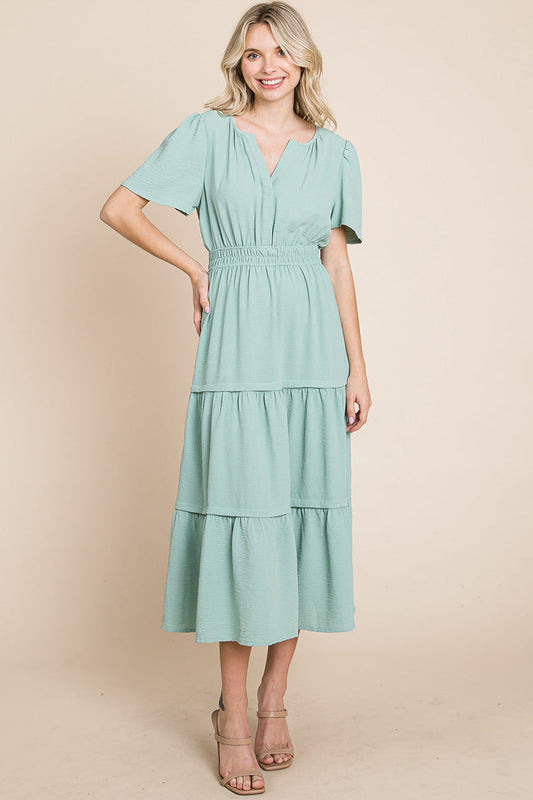 V neck Short Sleeve Layered Maxi Dress
