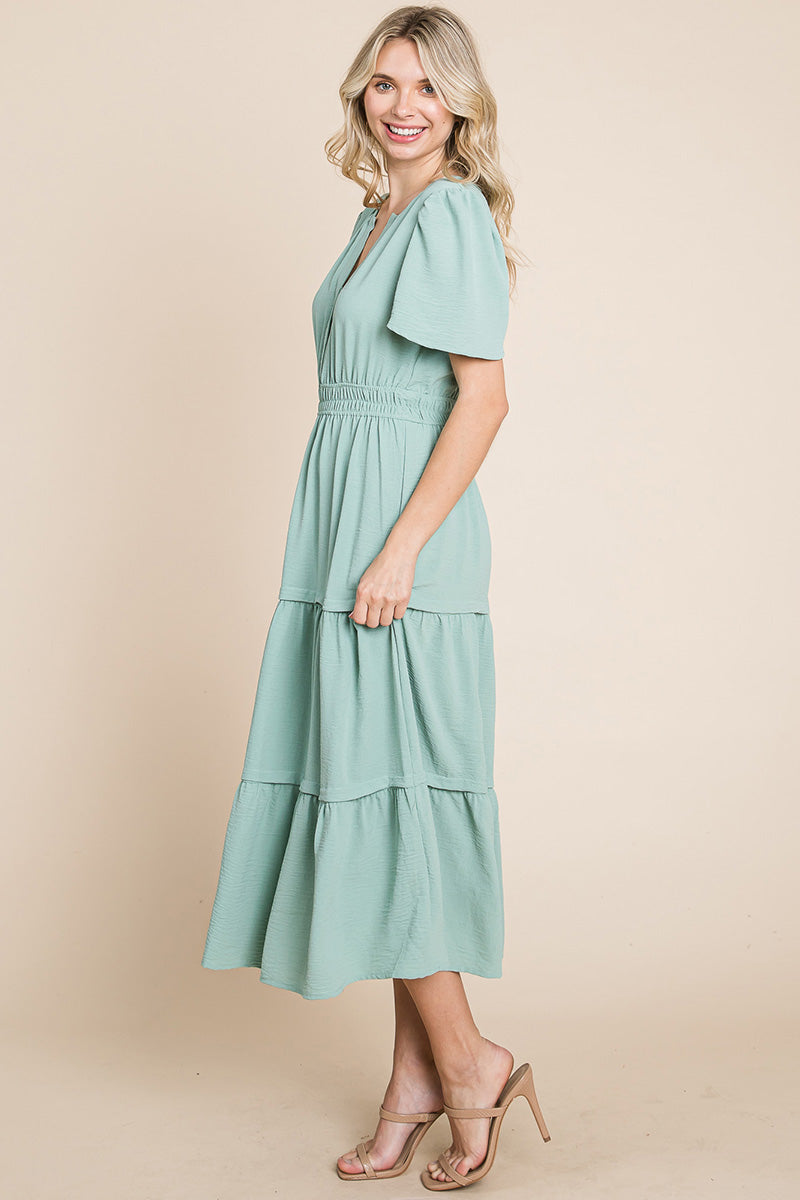 V neck Short Sleeve Layered Maxi Dress