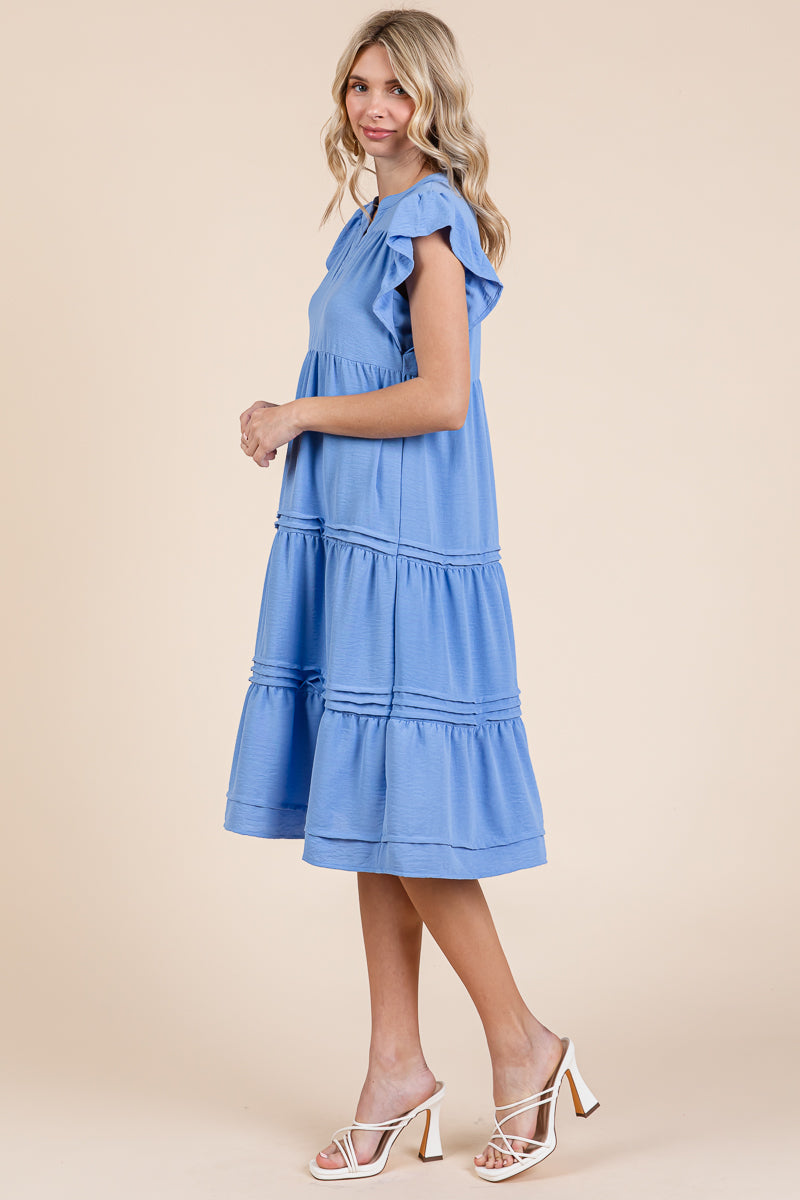 V Neck Tiered Flutter Sleeve Pleated Midi Dress, S-3X