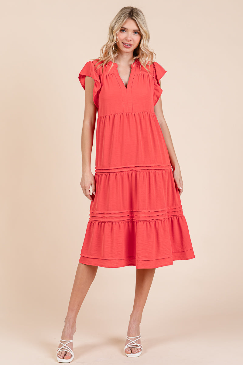 V Neck Tiered Flutter Sleeve Pleated Midi Dress, S-3X