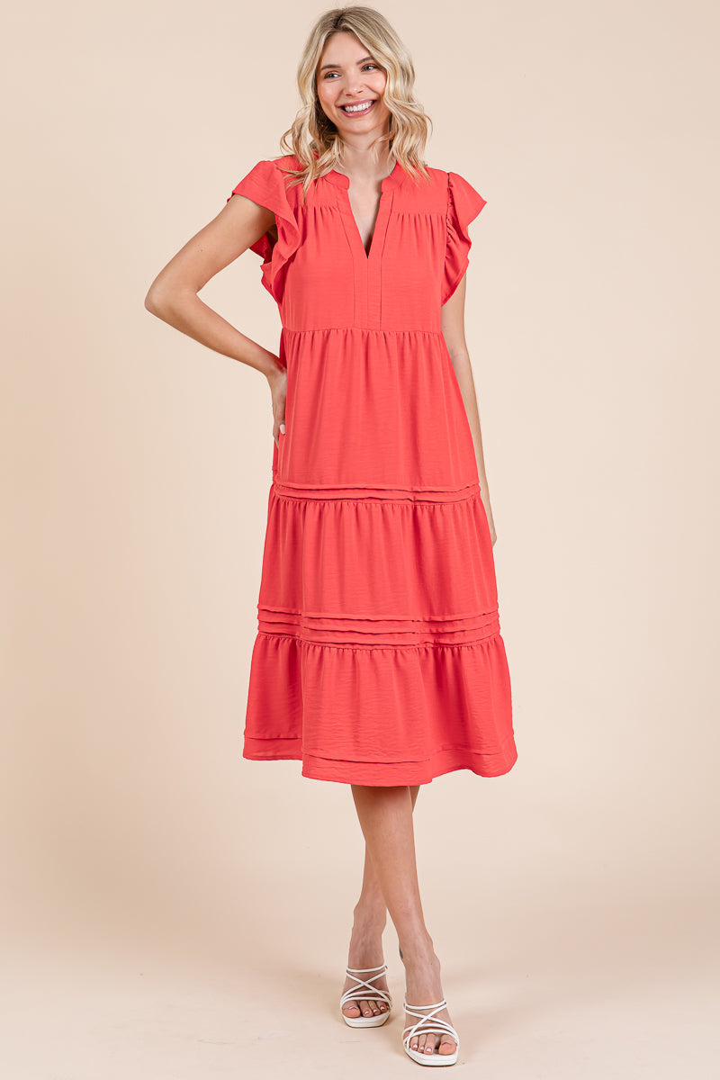 V Neck Tiered Flutter Sleeve Pleated Midi Dress, S-3X