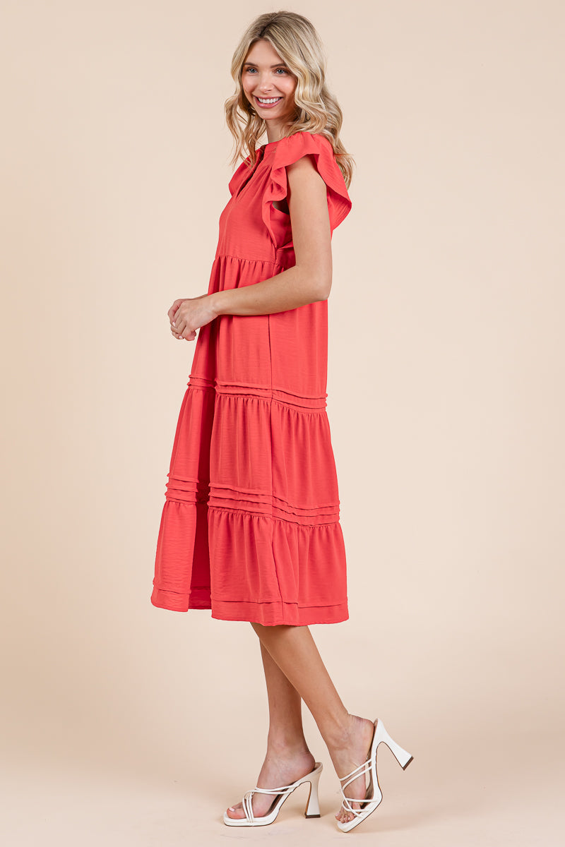 V Neck Tiered Flutter Sleeve Pleated Midi Dress, S-3X