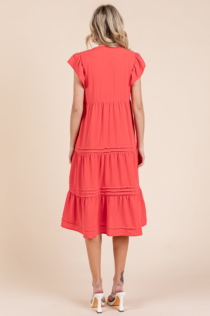 V Neck Tiered Flutter Sleeve Pleated Midi Dress, S-3X