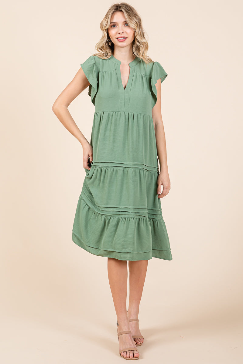 V Neck Tiered Flutter Sleeve Pleated Midi Dress, S-3X
