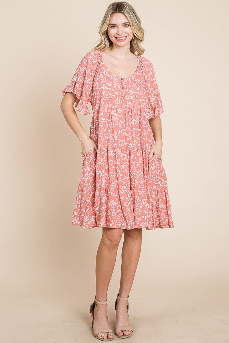 Tiered Floral Printed Flutter Short Sleeve Dress