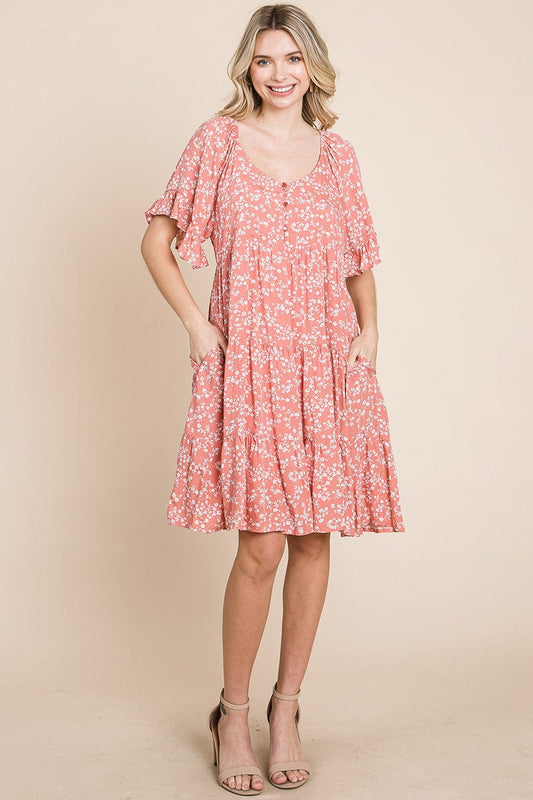 Tiered Floral Printed Flutter Short Sleeve Dress