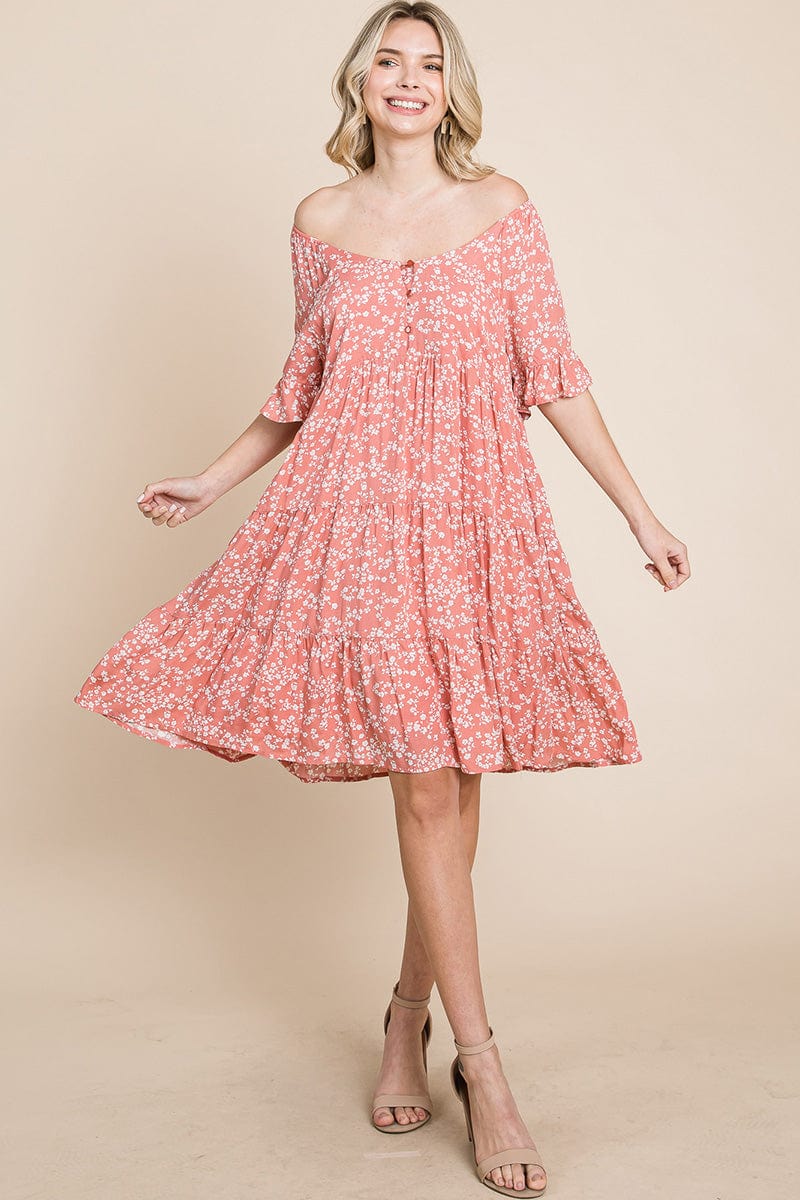 Tiered Floral Printed Flutter Short Sleeve Dress