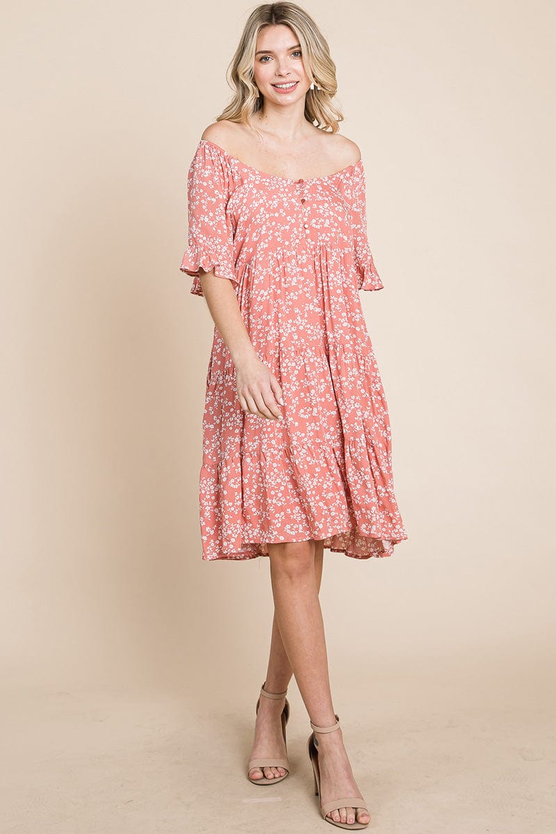 Tiered Floral Printed Flutter Short Sleeve Dress