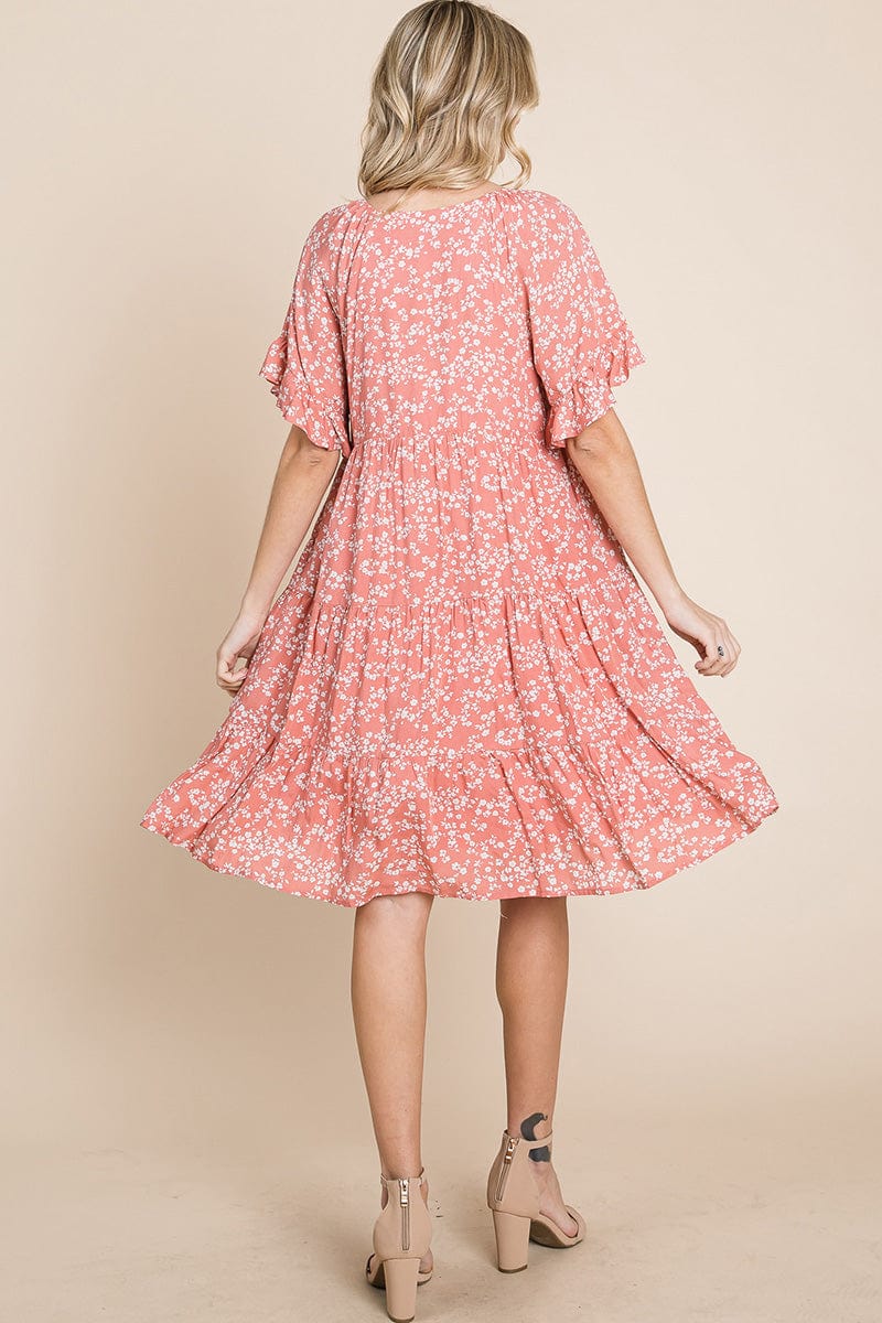 Tiered Floral Printed Flutter Short Sleeve Dress