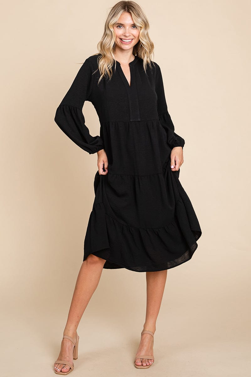 Tiered V Neck Long Sleeve Ruffle Hem Midi Dress