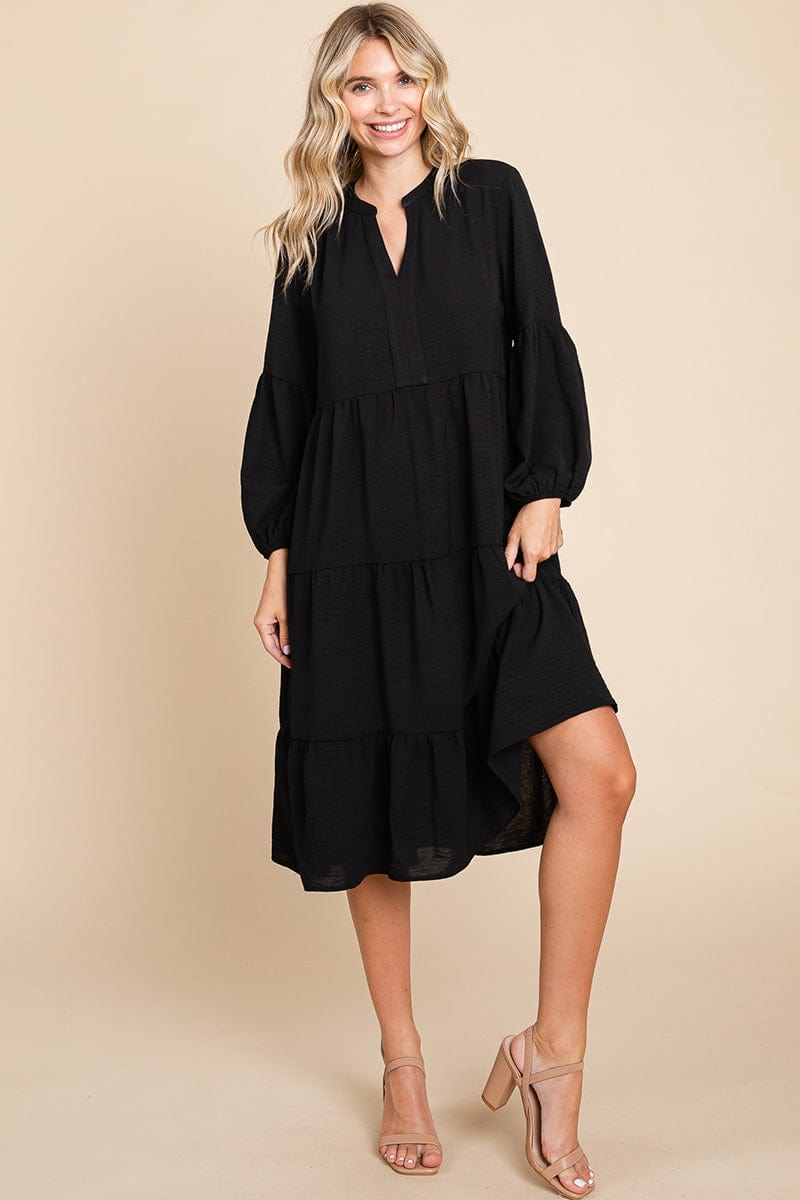 Tiered V Neck Long Sleeve Ruffle Hem Midi Dress