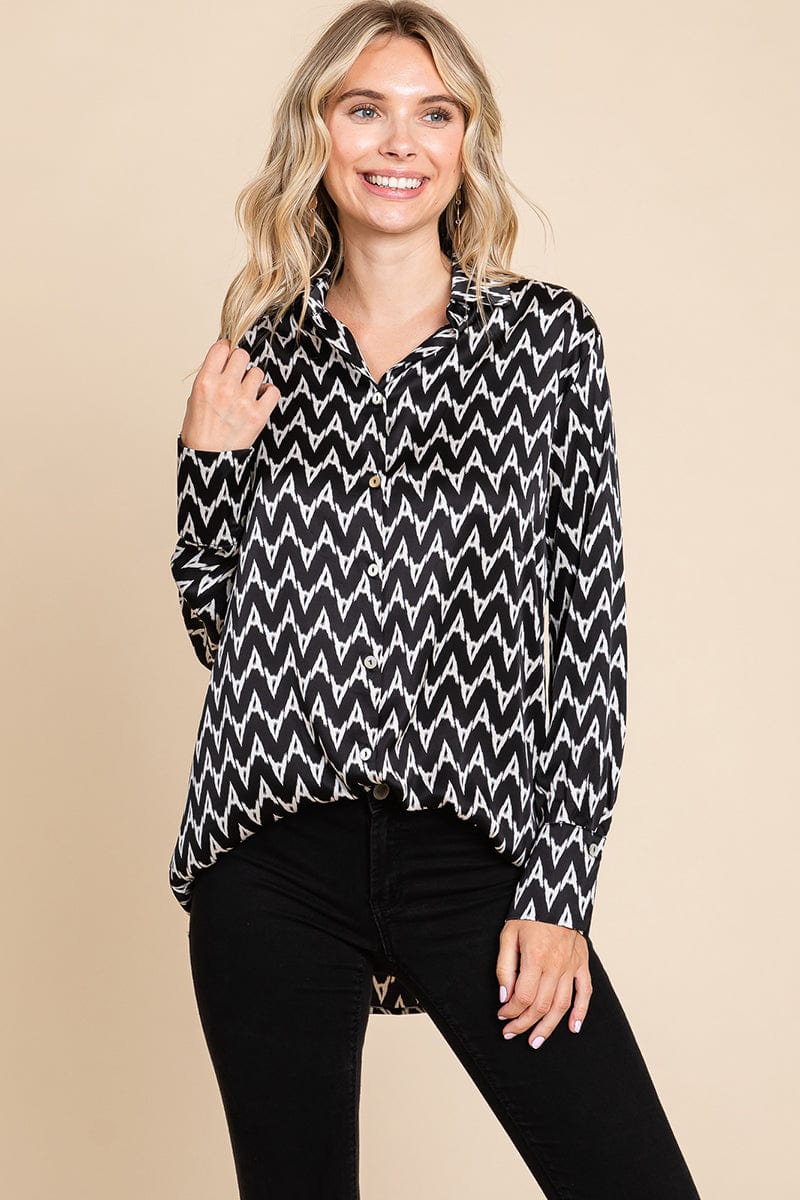 Chevron Long Sleeve Collared Satin Shirt Blouse