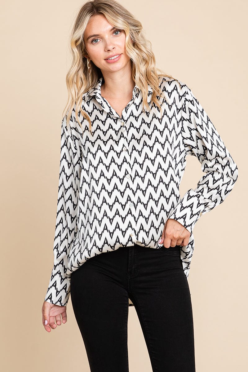 Chevron Long Sleeve Collared Satin Shirt Blouse