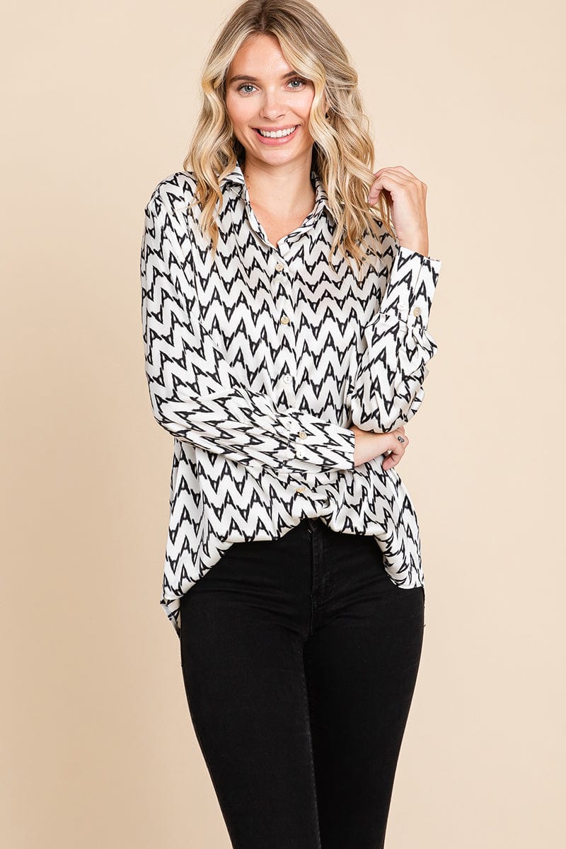 Chevron Long Sleeve Collared Satin Shirt Blouse