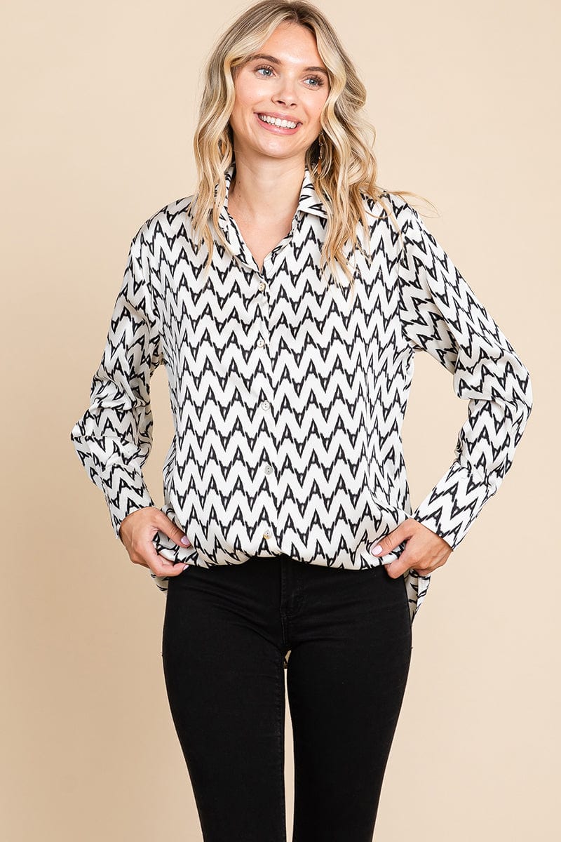 Chevron Long Sleeve Collared Satin Shirt Blouse