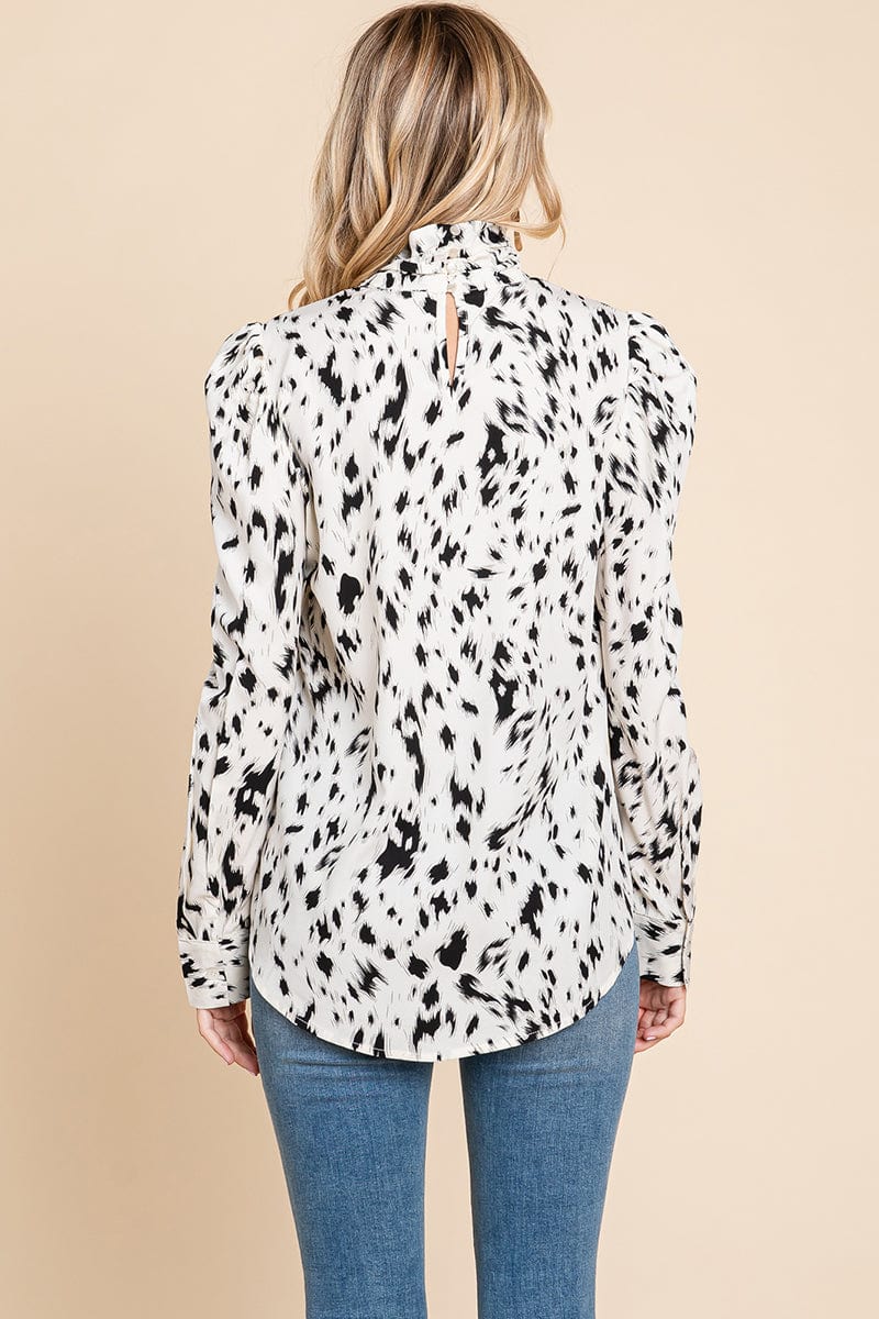 Leopard Print Long Sleeve Cowl Neck Shirts Blouses