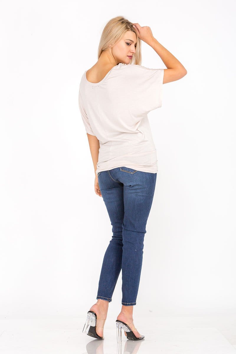 Soft Knit Boat Neck Short Sleeve Dolman Tunic Top