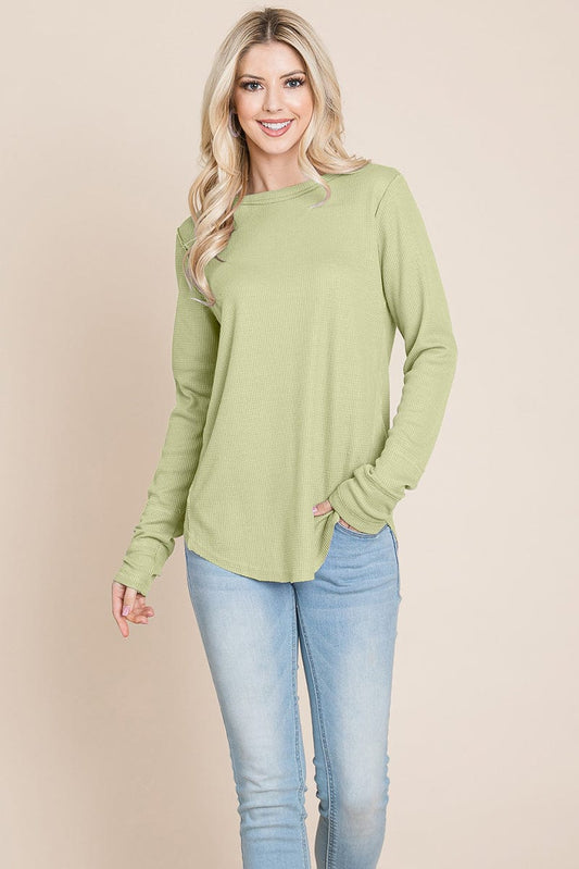 Casual Comfy Knit Waffle Pullover Raw Edge Tops
