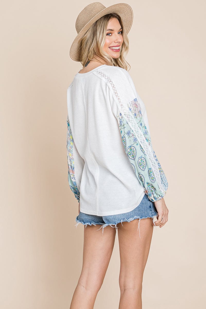 Contrasting Blossom Sleeve Waffle Knit Tops